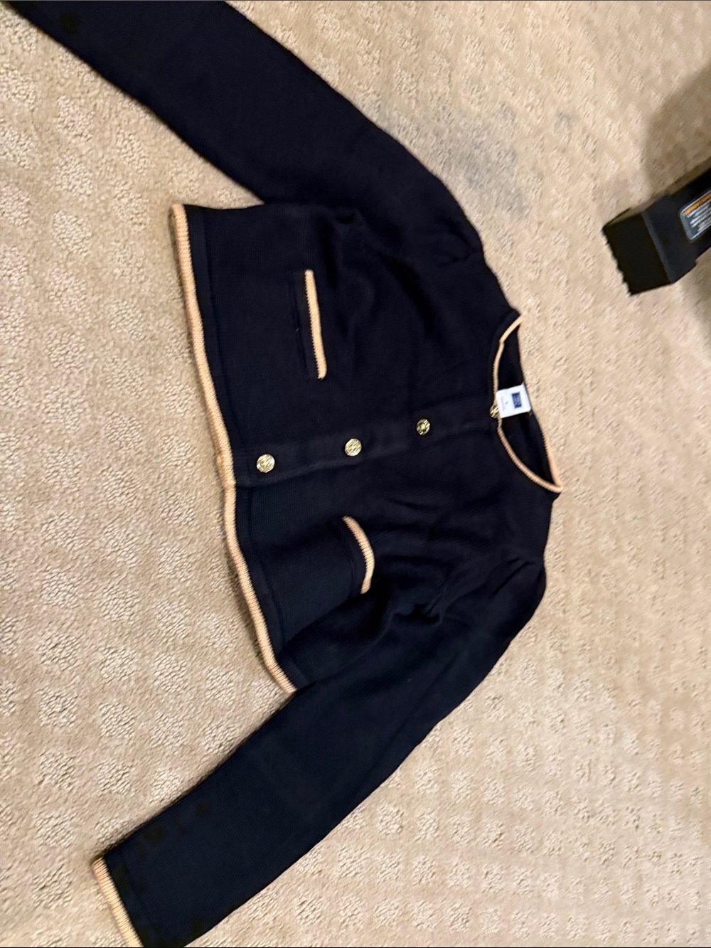 Janie and Jack Navy Blue Knit Jacket with Tan Trim